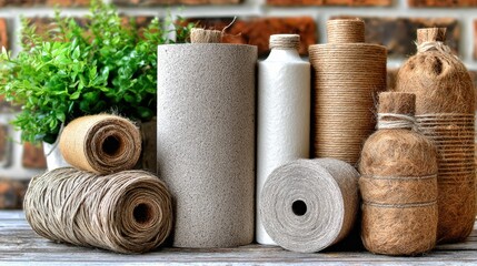 Ecofriendly cleaning products packaged in biodegradable paper and plantfiber kits emphasizing sustainability and waste reduction in household chores.