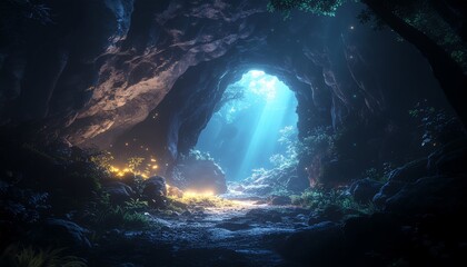 Mystical Cave Entrance with Glowing Light and Lush Vegetation.