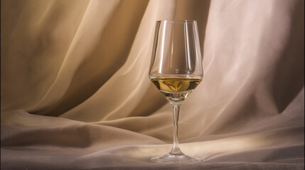 guest. Elegant white wine glass with golden liquid on a softly lit table setting. bar promotions, beverage menus, designed for food & beverage menus and cafe branding, used by ux designers.