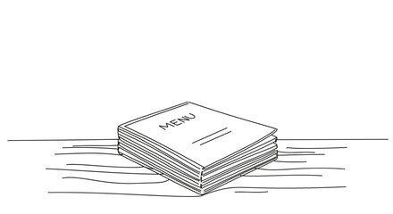 Line drawing of a stack of books resting on a wooden table, depicting closed notebooks with blank covers and visible pages, on a transparent background.