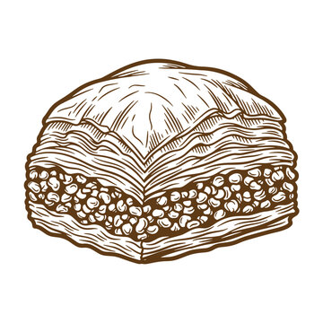 Artistic hand drawn sketch of delicious traditional baklava dessert isolated on white background