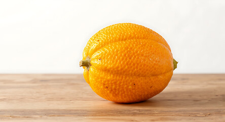 A single ripe orange fruit with textured skin sits on a wooden surface.