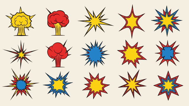 Collection of Comic Style Explosion Effects and Nuclear Blast Icons.