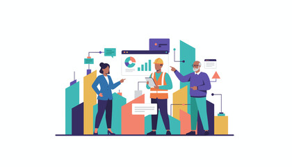Diverse team collaborating on urban development and construction project analysis with data charts