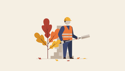 Naklejka premium Laborer with shovel and safety gear standing near autumn leaves Construction concept