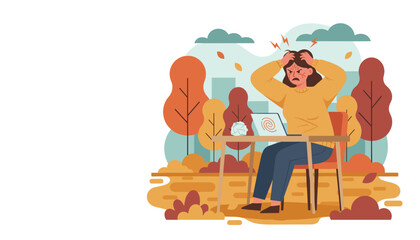Woman suffering severe work stress and headache while working on her laptop in an autumn outdoor park