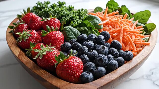 A heart-shaped wooden bowl filled with fresh strawberries, blueberries, and vegetables. - Powered by Adobe