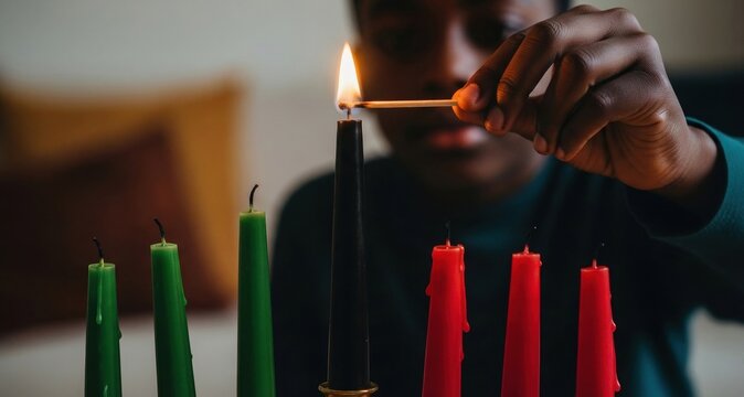 African American Boy Lighting Black Candle on Kwanzaa Kinara with Red and Green Candles - Powered by Adobe