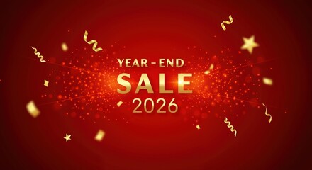 Year-End Sale 2026: A festive announcement promising exciting deals, the text Year-End Sale 2026 shines amidst a backdrop of swirling confetti, stars, and glittering dust. 