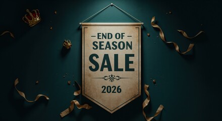 End of Season Sale 2026: An elegant banner heralding the End of Season Sale 2026, adorned with a crown and ribbons, creates an atmosphere of anticipation and sophistication.