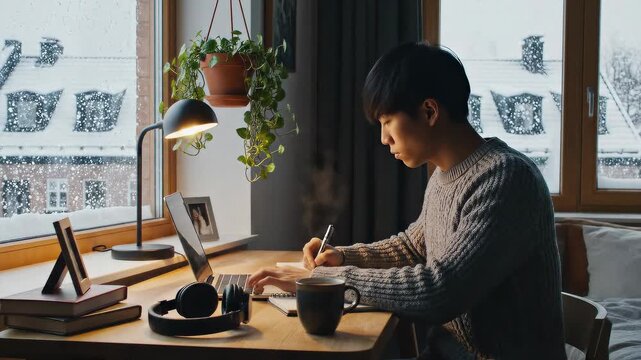 Winter Room Scene &ndash; Young Man Working at Desk with Snowy Window View &ndash; Cozy Home Office Animation Background