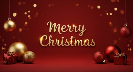 Holiday Cheer: A festive Christmas scene features elegant gold ornaments and a gleaming Merry Christmas greeting set against a rich, red background, perfect for spreading holiday joy.