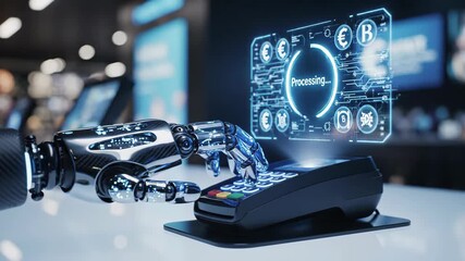 A robotic arm interacts with a payment terminal, processing a transaction digitally. - Powered by Adobe