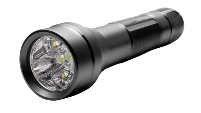Modern led flashlight with multiple powerful bulbs, providing bright, portable light. Transparent background