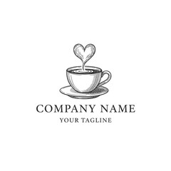 Coffee cup with heart shaped steam logo design for cafe.