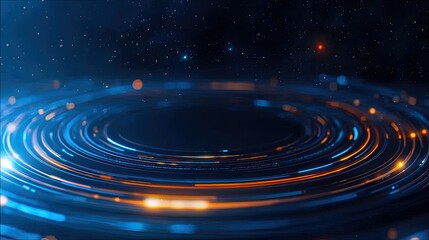 An abstract digital illustration of data flowing through space with glowing lines and stars, creating a futuristic and technological visual.