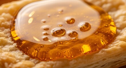 Golden honey glistens with bubbles, pooled lusciously atop a flaky pastry in a warm, inviting light.