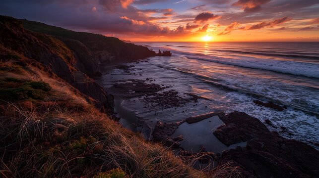 Golden Hour Light Over Steep Coastal Cliffs and Reflective Tidal Pools