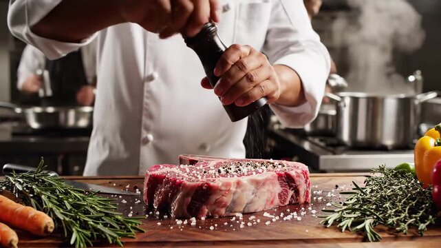 A chef seasons a raw steak with salt and pepper in a professional kitchen.