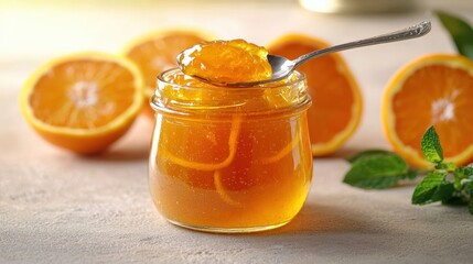 Orange marmalade mockup in a glass jar with a spoon, surrounded by fresh orange slices, showcasing vibrant colors and textures for creative design purposes