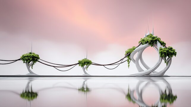 An abstract image featuring futuristic trees with green foliage, white structures, and a reflective surface, set against a soft pink and white background.