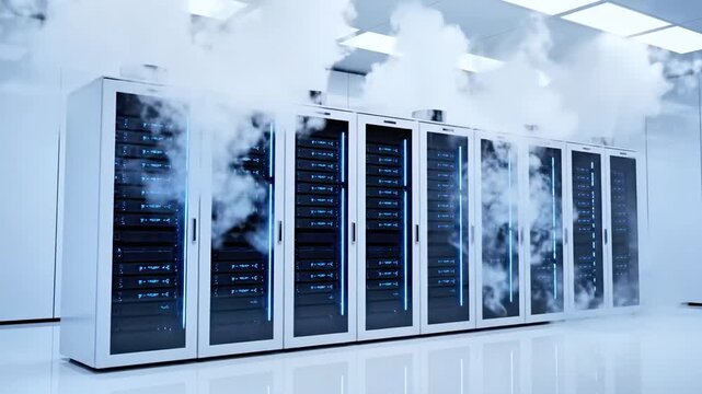 A row of server racks emitting white vapor in a sterile, modern data center setting