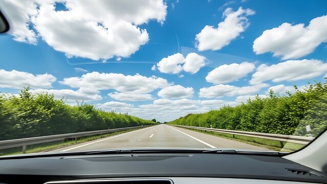 Enjoying a picturesque drive on an open highway under a brilliant blue sky dotted with fluffy white clouds, with lush green scenery framing the perfect journey