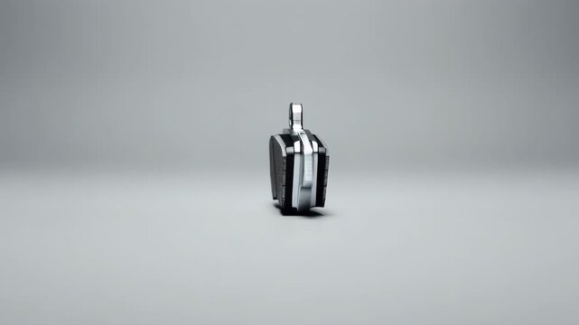 Rotating showcase of motorcycle brake pads on a neutral light background, crisp metal texture