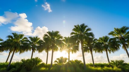 Obraz premium Golden light sweeps through a vibrant row of tropical palm trees, their majestic silhouettes dancing against a brilliant blue sky, evoking an airy and serene paradise