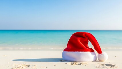 A vibrant red Santa hat sits on a sun-drenched tropical beach, offering a cheerful contrast between traditional winter holidays and a warm, serene seaside getaway