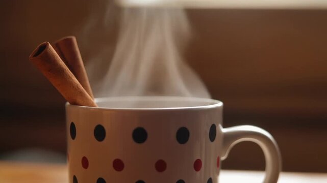 Coffee mug with polka dots and cinnamon steam rising 