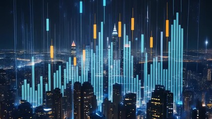 Dynamic city skyline at night with financial data overlay, futuristic urban landscape with glowing data streams and bustling cityscape in motion - Powered by Adobe