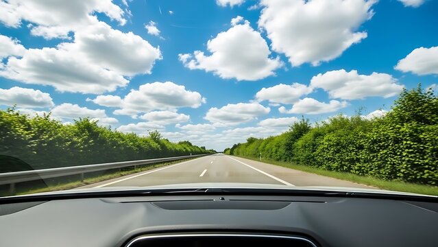 Driving on an open highway under a beautiful blue sky with white clouds, experiencing the freedom of the road ahead, a journey into the horizon with dynamic motion