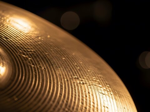 Close-up of Golden Brass Cymbal Surface Texture with Water Droplets, Symbolizing Music, Sound, and Rhythm - Powered by Adobe