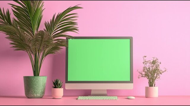 pink flower in a modern office with green screen
