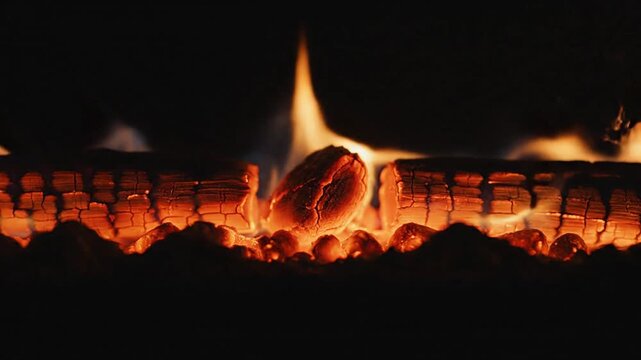 Ember Glow Fiery logs burning in dark hearth