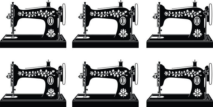 Set of six black vector illustrations of an identical vintage sewing machine with decorative floral patterns, symbolizing tailoring, craftsmanship, antique technology, and handmade fashion.