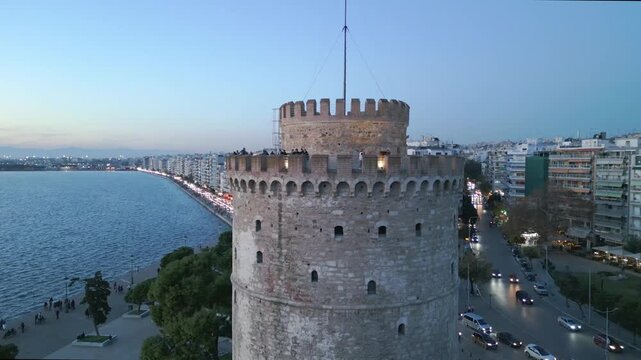 Aerial drone view of White Tower, Thessaloniki at sunset