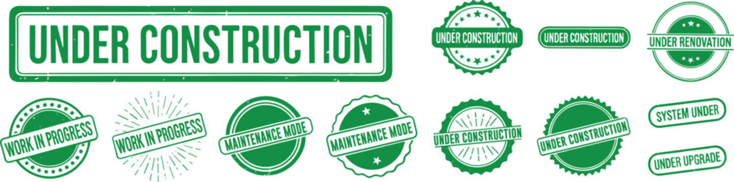 Green under construction signs and official stamp graphics