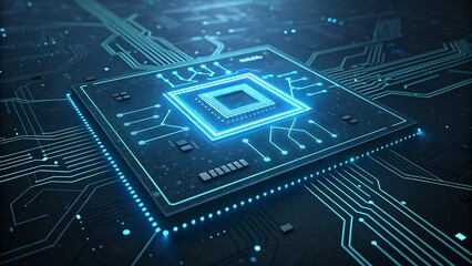 Closeup of a glowing blue central processing unit or microchip on a futuristic circuit board, symbolizing advanced technology and digital innovation in a dark setting