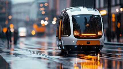 A modern tram travels down a wet city street in the rain. The image captures the vehicle's design and the reflections on the wet pavement, with blurred figures