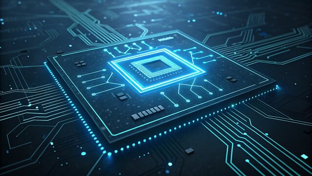Closeup of a glowing blue central processing unit or microchip on a futuristic circuit board, symbolizing advanced technology and digital innovation in a dark setting