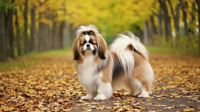 A pekingese dog stands on a path covered with fallen leaves in an autumn park setting outdoors dog video