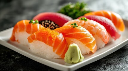 Assorted sushi rolls on white plate, restaurant setting