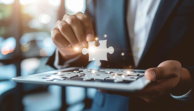 Businessman in a suit holding a glowing puzzle piece to complete a digital jigsaw on a tablet.
