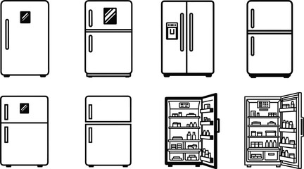 Set of modern refrigerator vector icons featuring various fridge styles, detailed line art designs, open and closed appliances, perfect for household, kitchen, and appliance illustrations
