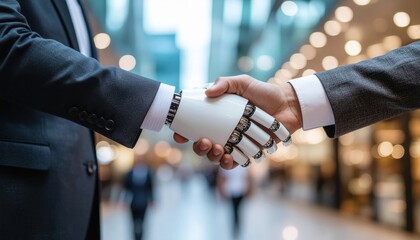A businessman in a formal suit shakes hands with an advanced humanoid robot in a modern office setting.