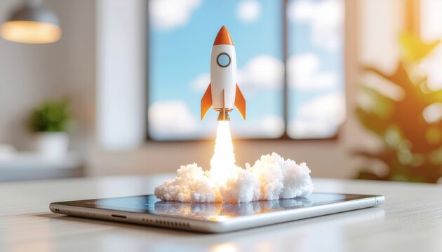 Business startup concept with a rocket launching from a digital tablet on a desk.
