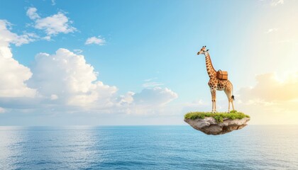 Surreal fantasy concept of a traveling giraffe with a backpack on a small floating island over the ocean.