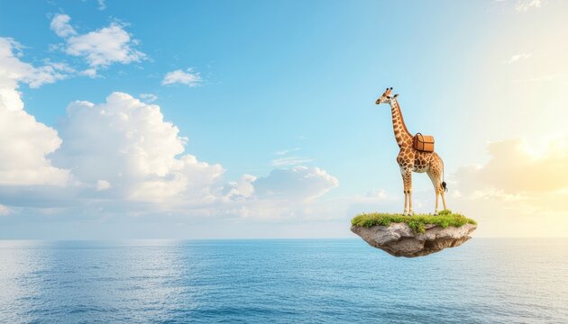 Surreal fantasy concept of a traveling giraffe with a backpack on a small floating island over the ocean.
